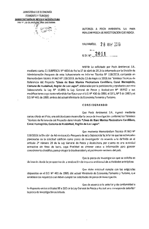 Res. Ex. N° 2011-2019 Línea de base marina piscicultura Cordillera.