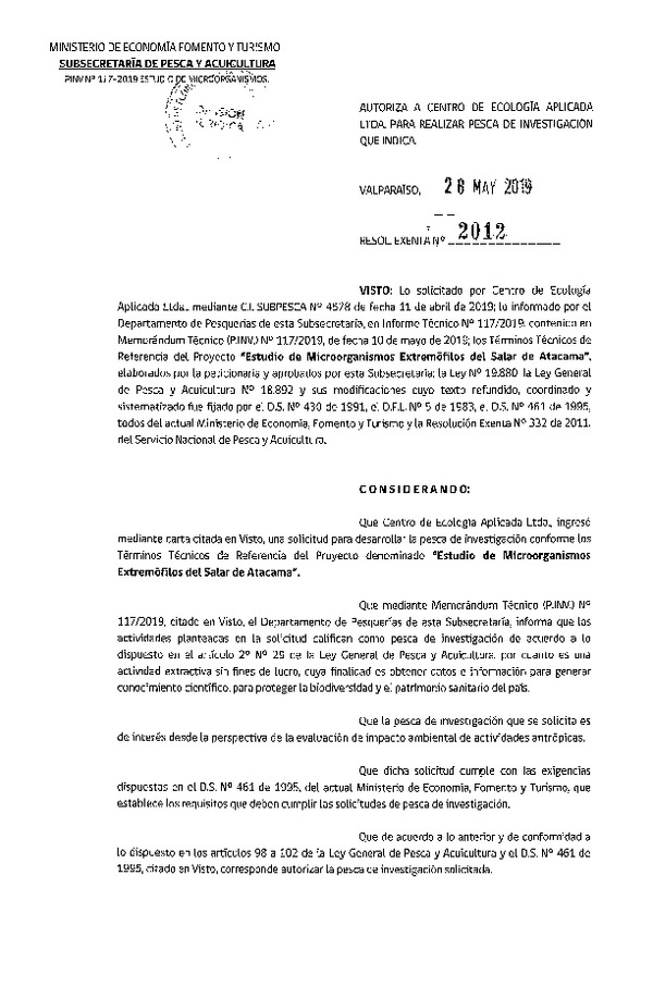 Res. Ex. N° 2012-2019 Estudio de microorganismos extremófilos del salar de Atacama.