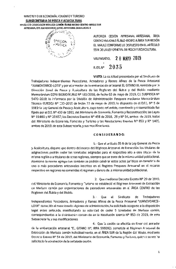 Res. Ex. N° 2035-2019 Autoriza cesión Merluza común Regiones Ñuble - Biobío. a Región del Maule.