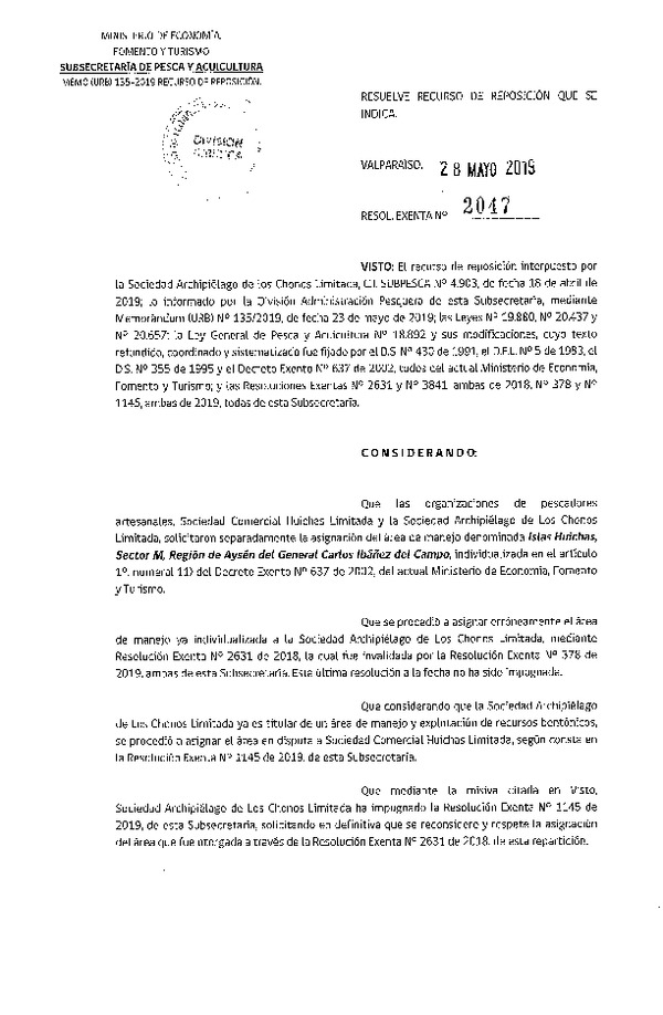 Res. Ex. N° 2047-2019 Resuelve recurso de reposición.