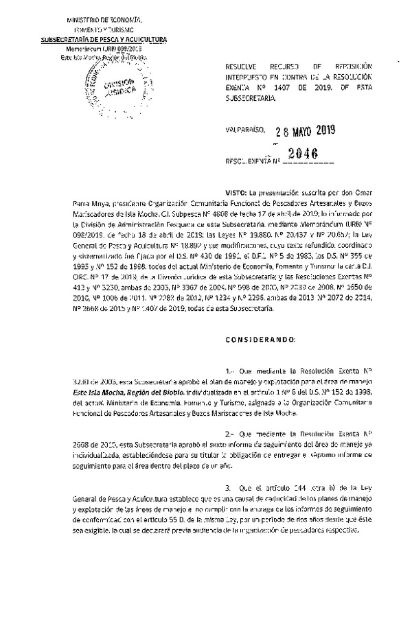 Res. Ex. N° 2046-2019 Resuelve recurso de reposición.