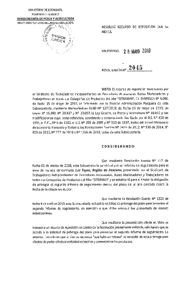 Res. Ex. N° 2045-2019 Resuelve recurso de reposición.