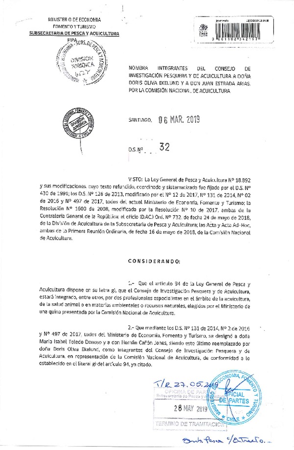 D.S. 32-2019 Nombra Integrantes del Consejo de Investigación Pesquera y Acuicultura que Indica. (Publicado en Página Web 03-06-2019) (F.D.O. 03-06-2019)