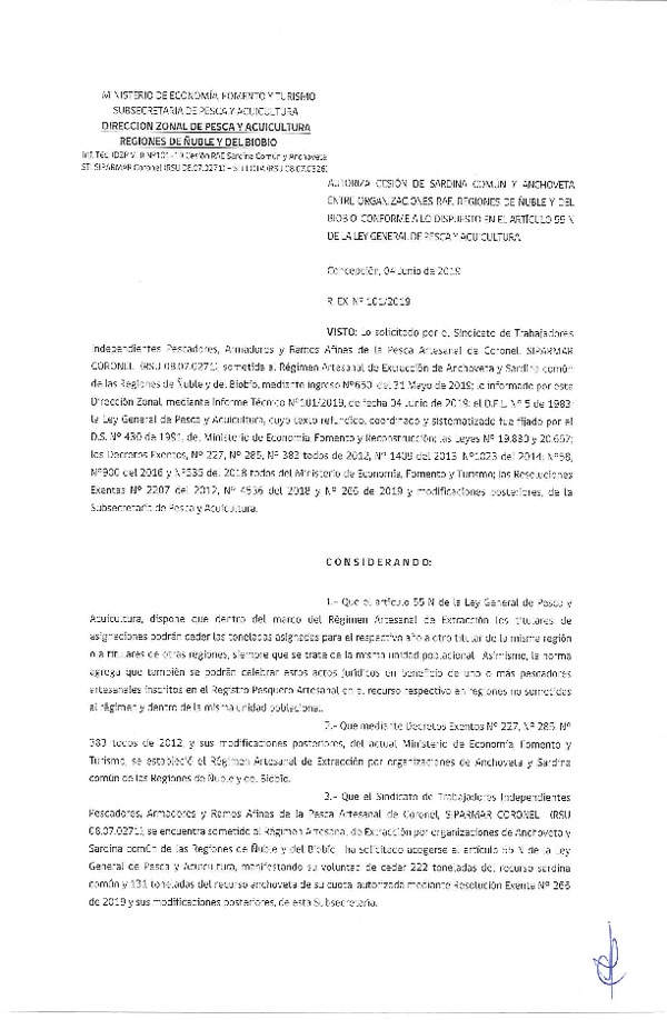 Res. Ex. N° 101-2019 (DZP VIII) Autoriza cesión Sardina común Regiones de Ñuble y del Biobío.