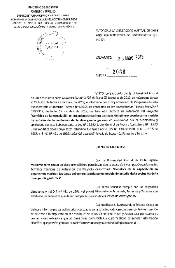 Res. Ex. 2036-2019 Genética de la especiación en organismos marinos.