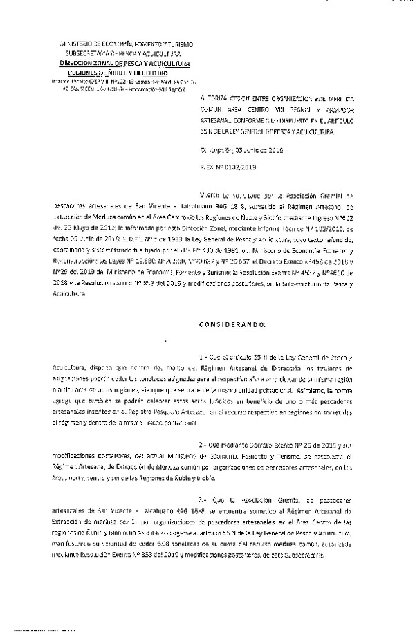 Res. Ex. N° 102-2019 (DZP VIII) Autoriza cesión Merluza común Regiones de Ñuble y del Biobío.