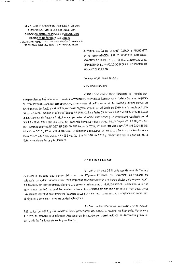 Res. Ex. N° 104-2019 (DZP VIII) Autoriza cesión Anchoveta y sardina común Regiones de Ñuble y del Biobío.