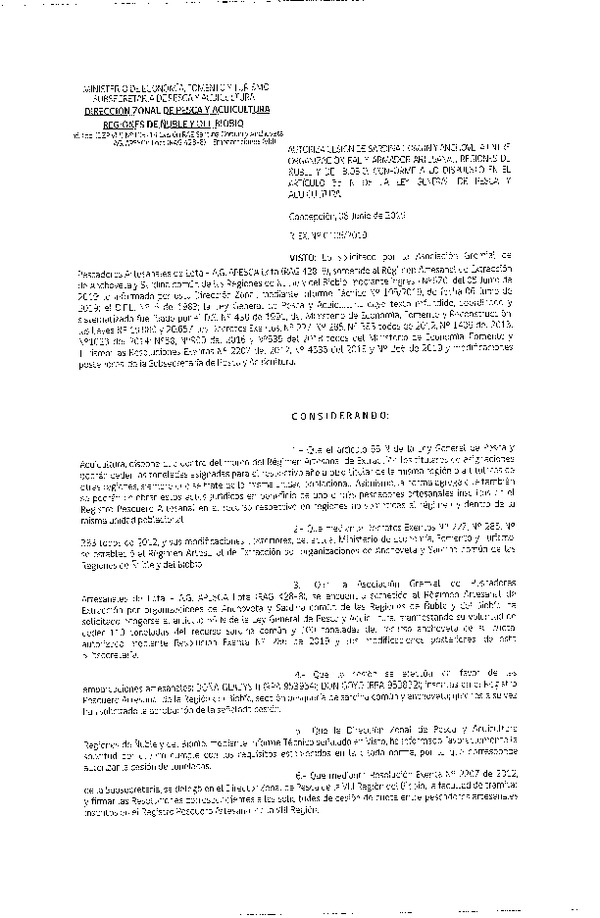 Res. Ex. N° 105-2019 (DZP VIII) Autoriza cesión Anchoveta y sardina común Regiones de Ñuble y del Biobío.