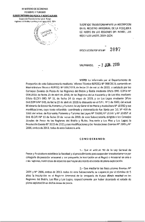 Res. Ex. Nº 2097-2019 Suspende Transitoriamente la Inscripción en el Registro Artesanal, de la Pesquería de Huepo, en las Regiones del Biobío, Los ríos y Los Lagos, 2019-2024. (Publicado en Página Web 07-06-2019) (F.D.O. 13-06-2019)