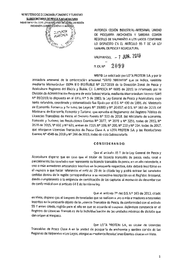 Res. Ex. N° 2099-2019 Autoriza cesión pesquería Anchoveta y Sardina común, Regiones de Valparaíso a Los Lagos.