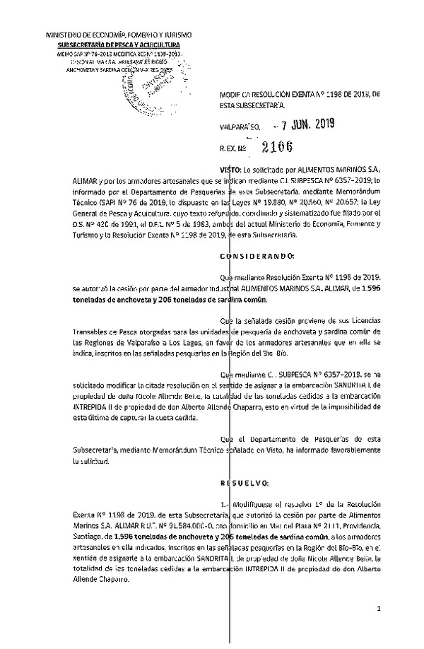 Res. Ex. N° 2106-2019 Modifica Res. Ex. N° 1198-2019 Autoriza cesión pesquería Anchoveta y Sardina común, Regiones de Valparaíso a Los Lagos.