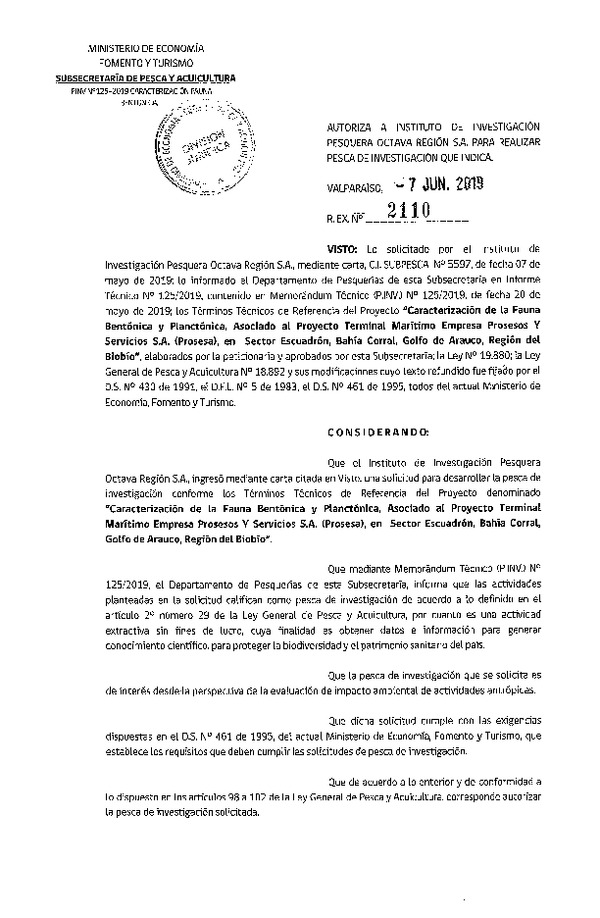 Res. Ex. N° 2110-2019 Caracterización de la fauna bentónica y planctónica.