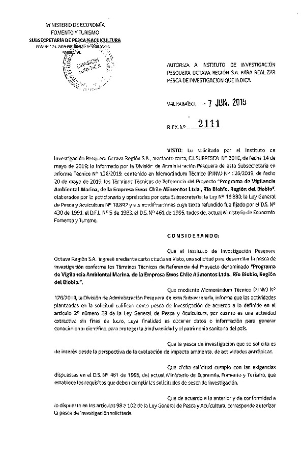 Res. Ex. N° 2111-2019 Programa de vigilancia ambiental marina.