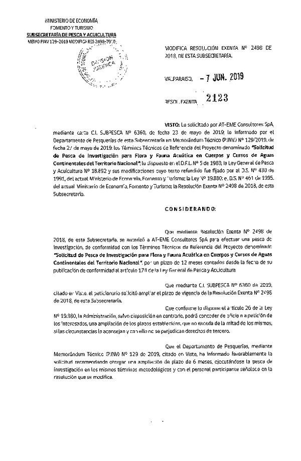 Res. Ex. N° 2123-2019 Modifica Res. Ex. N° 2498-2018.