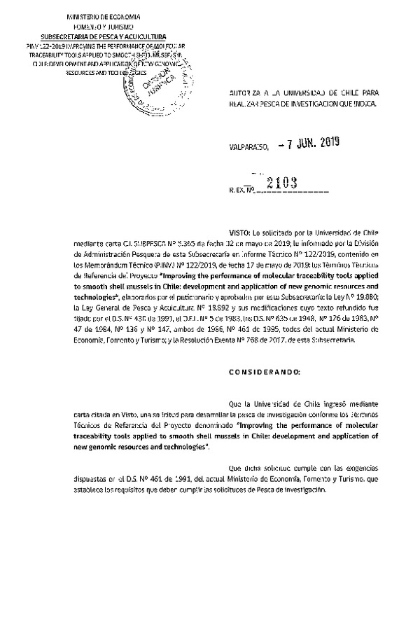 Res. Ex. N° 2103-2019 Improving the performance of molecular traceability tools applied to smooth shell mussels in Chile.