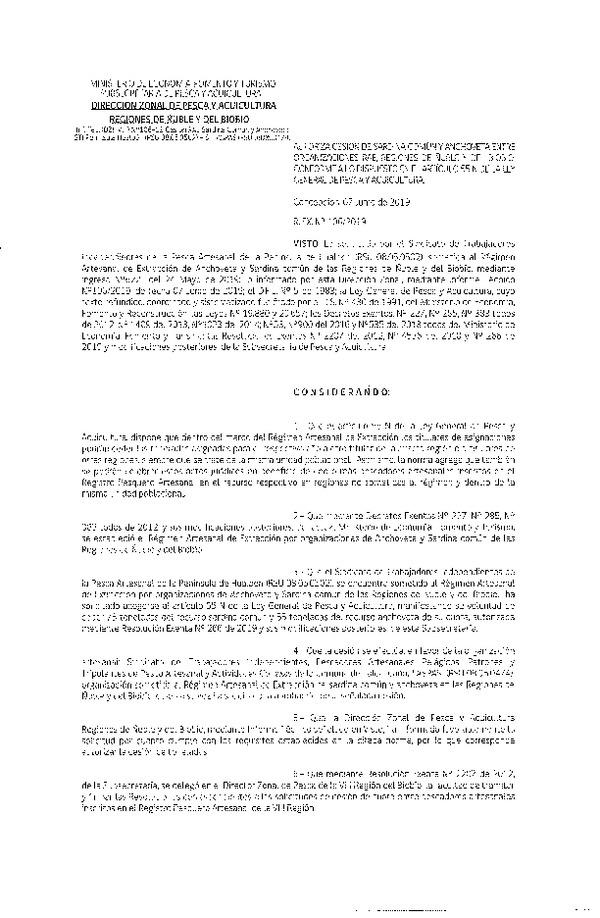 Res. Ex. N° 106-2019 (DZP VIII) Autoriza cesión Anchoveta y sardina común Regiones de Ñuble y del Biobío.
