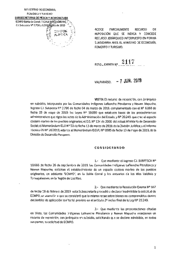 Res. Ex. N° 2117-2019 Acoge Parcialmente a trámite recurso de reposición que se indica y concede recurso jerárquico. ECMPO. (Publicado en Página Web 10-06-2019)