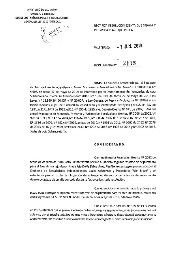 Res. Ex. N° 2115-2019 Rectifica Res. Ex. N° 2092-2018 12° Seguimiento.