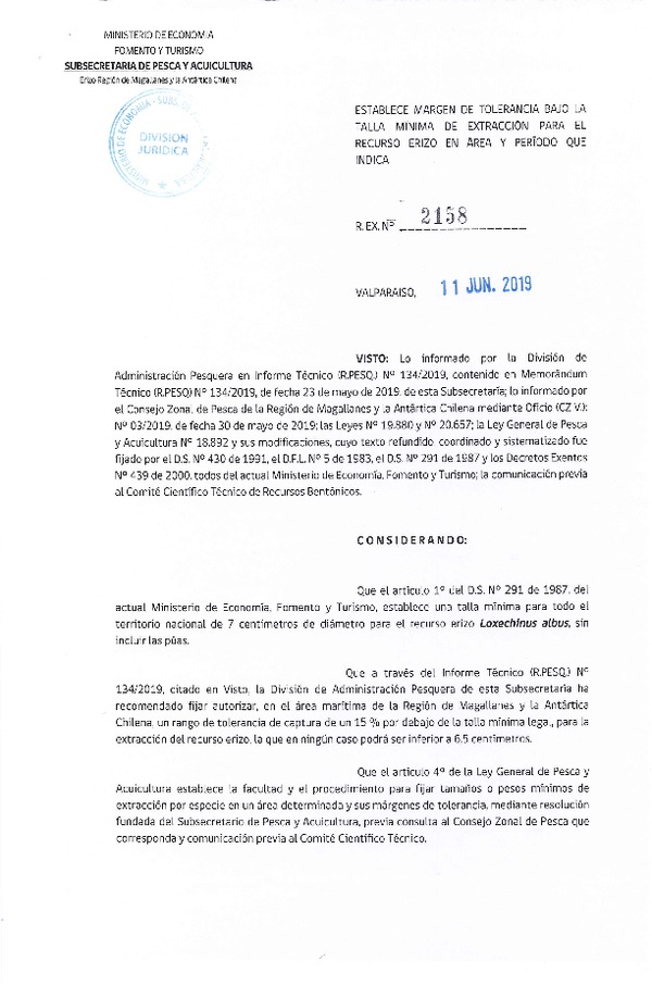 Res. Ex. N° 2158-2019 Establece Margen de Tolerancia Bajo la Talla Mínima de Extracción para el Recurso Erizo en Región de Magallanes y la Antártica Chilena. (Publicado en Página Web 11-06-2019)(F.D.O. 18-06-2019)