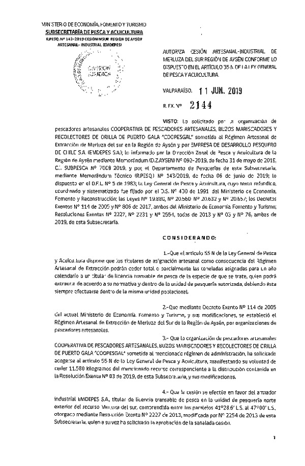 Res. Ex. N° 2144-2019 Cesión Merluza del sur Región de Aysén.