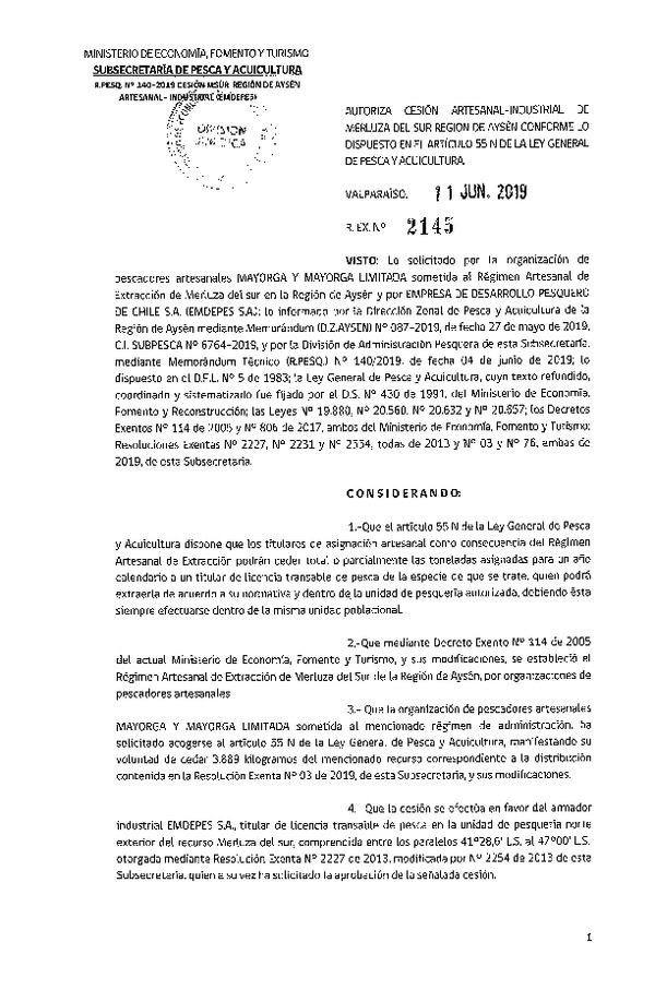 Res. Ex. N° 2145-2019 Cesión Merluza del sur Región de Aysén.
