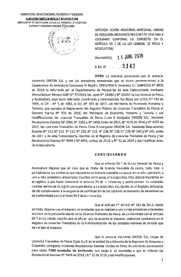 Res. Ex. N° 2142-2019 Autoriza cesión pesquería Anchoveta , Regiones de Atacama a Coquimbo.