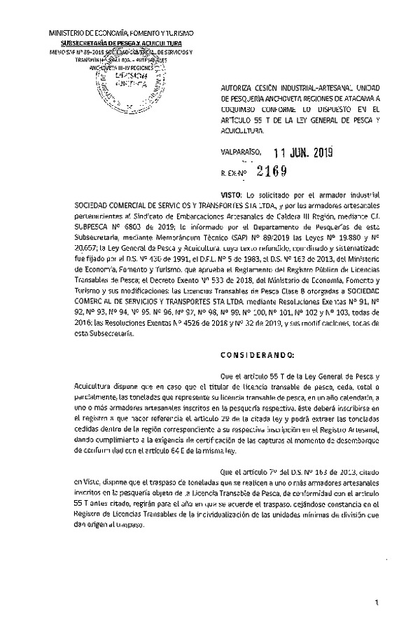 Res. Ex. N° 2169-2019 Autoriza cesión pesquería Anchoveta , Regiones de Atacama a Coquimbo.