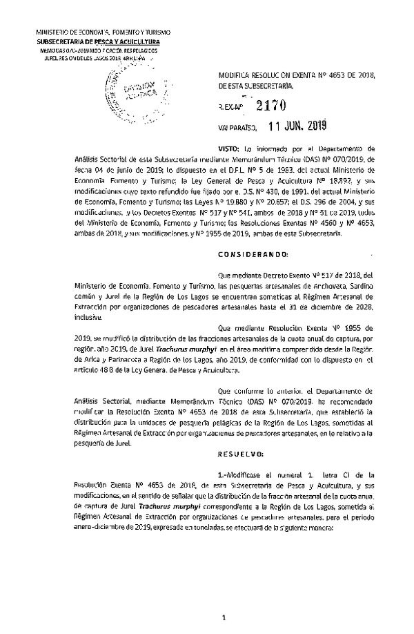 Res. Ex. N° 2170-2019 Modifica Resolución Exenta N°4653 de 2018, de esta Subsecretaría (Publicado en Página Web 11-06-2019)(F.D.O. 18-06-2019)