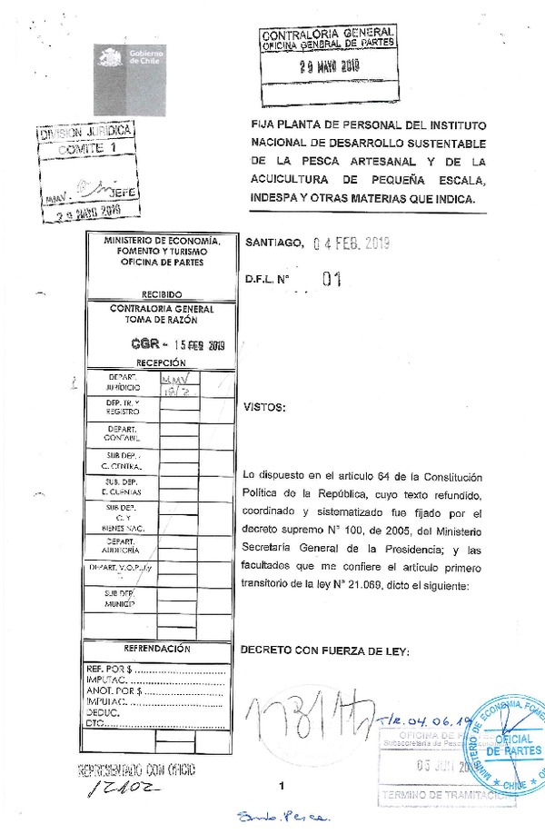 D.F.L. N° 1-2019 Fija Planta de Personal del Insitituto Nacional de Desarrollo Sustentable de la Pesca Artesanal y de la Acuicultura de Pequeña Escala, Indespa y Otras Materias que Indica. (Publicado en Página Web 12-06-2019) (F.D.O. 12-06-2019)