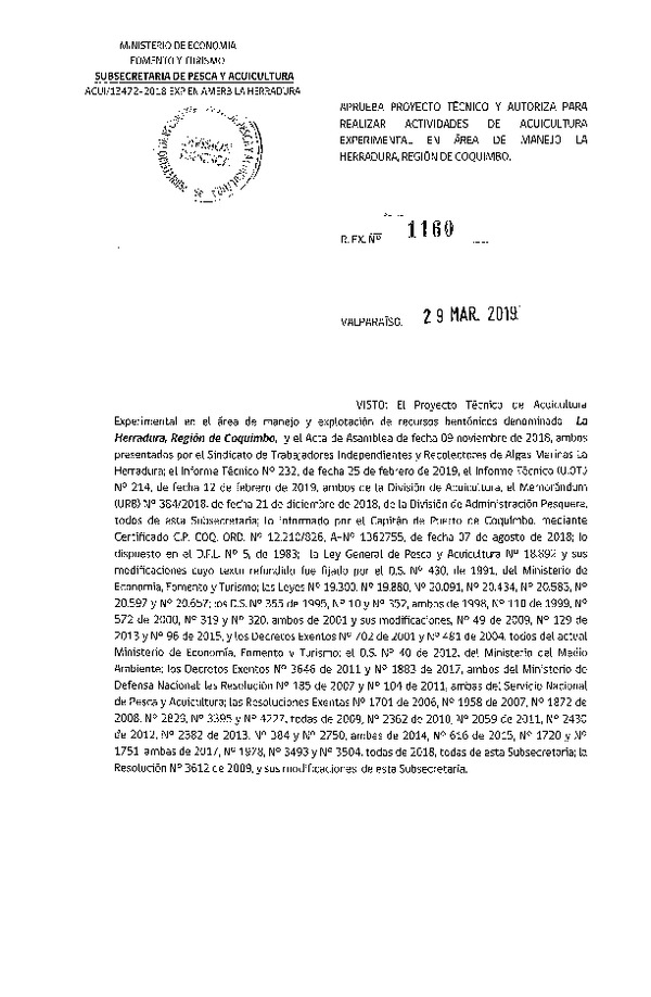 Res. Ex. N° 1160-2019 Aprueba proyecto técnico y autoriza para realizar actividades de acuicultura en área de manejo La Herradura, Región de Coquimbo.