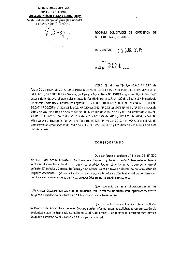 Res. Ex. N° 2174-2019 Rechaza solicitudes de concesión de acuicultura que indica.