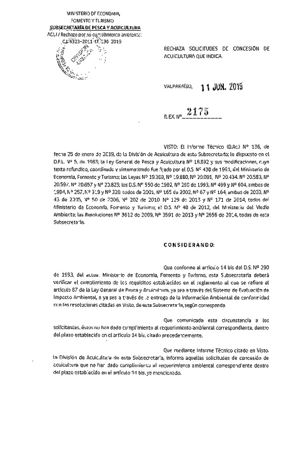 Res. Ex. N° 2175-2019 Rechaza solicitudes de concesión de acuicultura que indica.