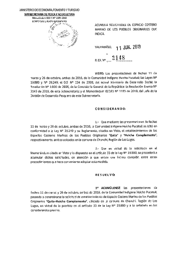 Res. Ex. N° 2148-2019 Acumula solicitudes de ECMPO Quila y Huicha.