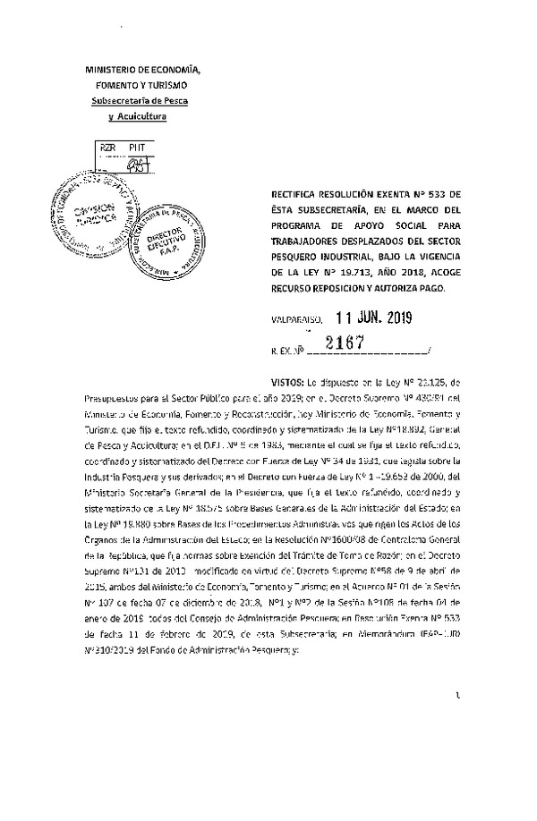 Res. Ex. N° 2167-2019 Rectifica Res. Ex. N° 533-2019 en el marco del programa de apoyo social para trabajadores desplazados del sector pesquero industrial.