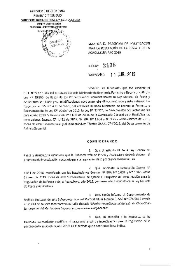 Res. Ex. N° 2138-2019 Modifica Res. Ex. N° 4481-2018 Aprueba programa de investigación para la regulación de la pesca y de la acuicultura, año 2019. (Publicado en Página Web 12-06-2019)