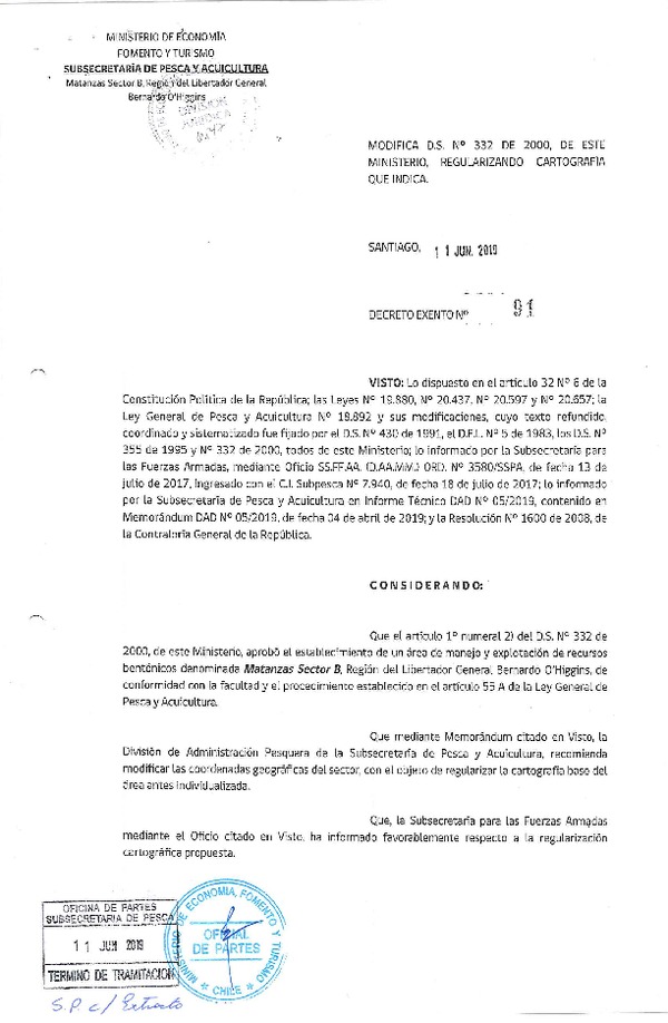 Dec. Ex. N° 91-2019 Modifica D.S. N° 332-2000 Regulariza Cartografía Área de Manejo Matanzas Sector B, Región del Libertador Bernardo O' Higgins. (Publicado en Página Web 14-06-2019) (F.D.O. 14-06-2019)