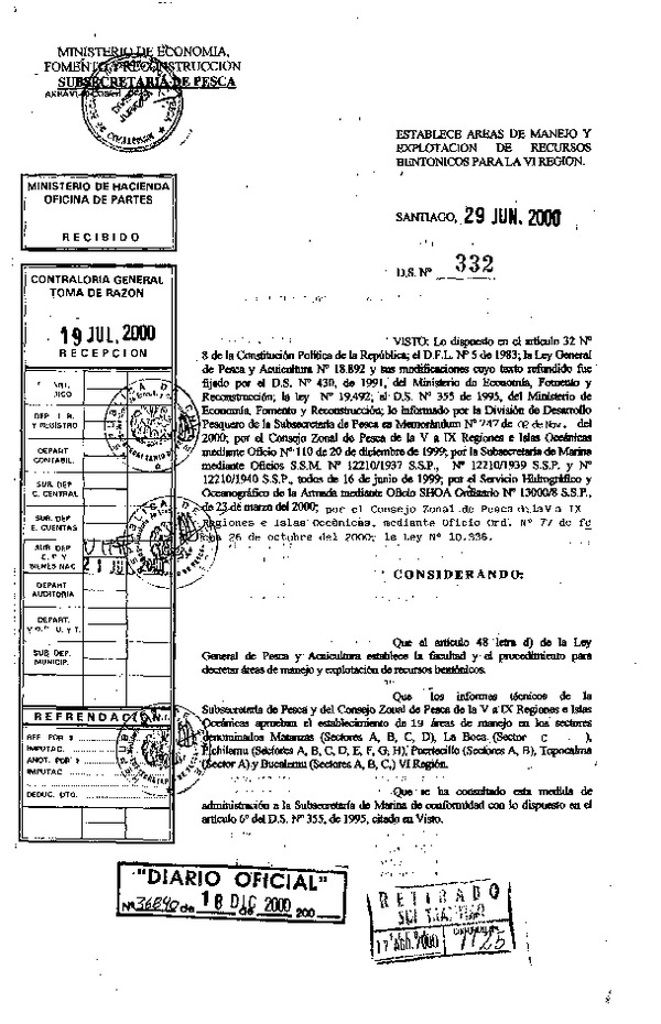 D.S. N° 332-2000 Establece Áreas de Manejo Matanzas Sector A-B-C-D, La Boca Sector C, Pichilemu Sector A-B-C-D-E-F-G-H y Otros.