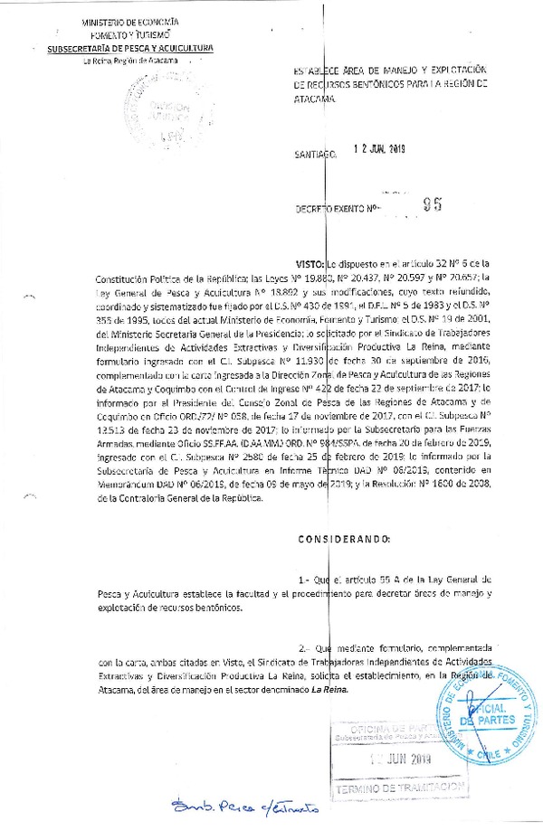 Dec. Ex. N° 95-2019 Establece Área de Manejo La Reina, Región de Atacama. (Publicado en Página Web 17-06-2019)(F.D.O. 19-06-2019)