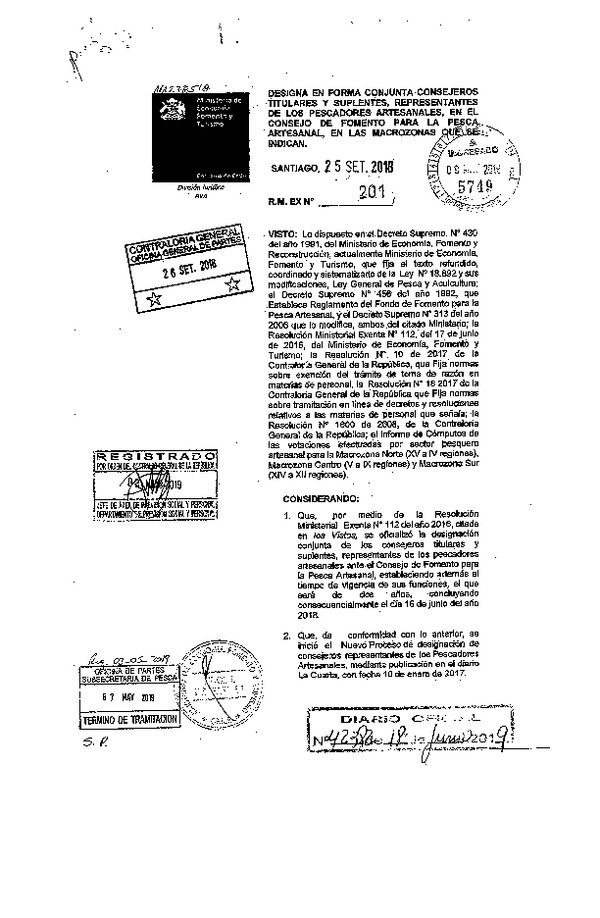 R.M. Ex. N° 201-2018 Designa en Forma Conjunta Consejeros Representantes de los Pescadores Artesanales en el Consejo de Fomento para la Pesca Artesanal en las Macrozonas que se Indican. (Publicado en Página Web 18-06-2019) (F.D.O. 18-06-2019)