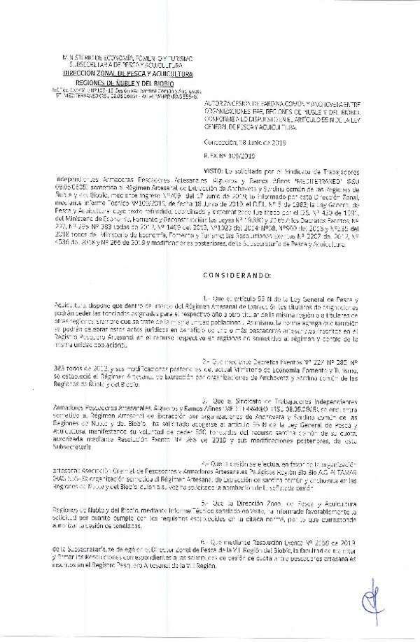 Res. Ex. N° 109-2019 (DZP VIII) Autoriza cesión Merluza común Regiones de Ñuble y del Biobío.