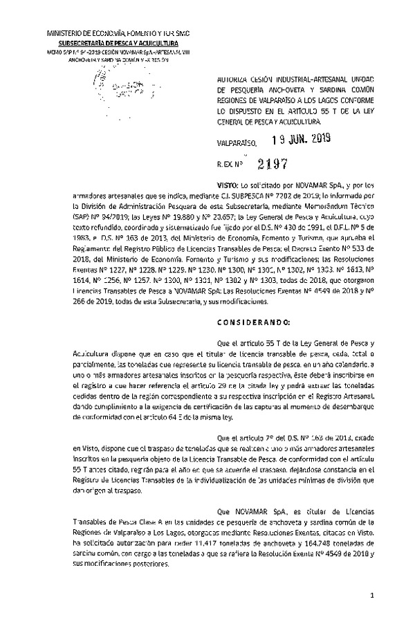Res. Ex. N° 2197-2019 Autoriza cesión pesquería Anchoveta y Sardina común, Regiones de Valparaíso a Los Lagos.