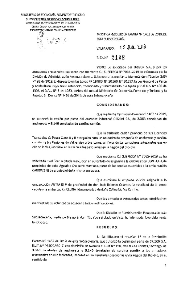 Res. Ex. N° 2198-2019 Modifica Res. Ex. N° 1462-2019 Autoriza cesión pesquería Anchoveta y Sardina común, Regiones de Valparaíso a Los Lagos.
