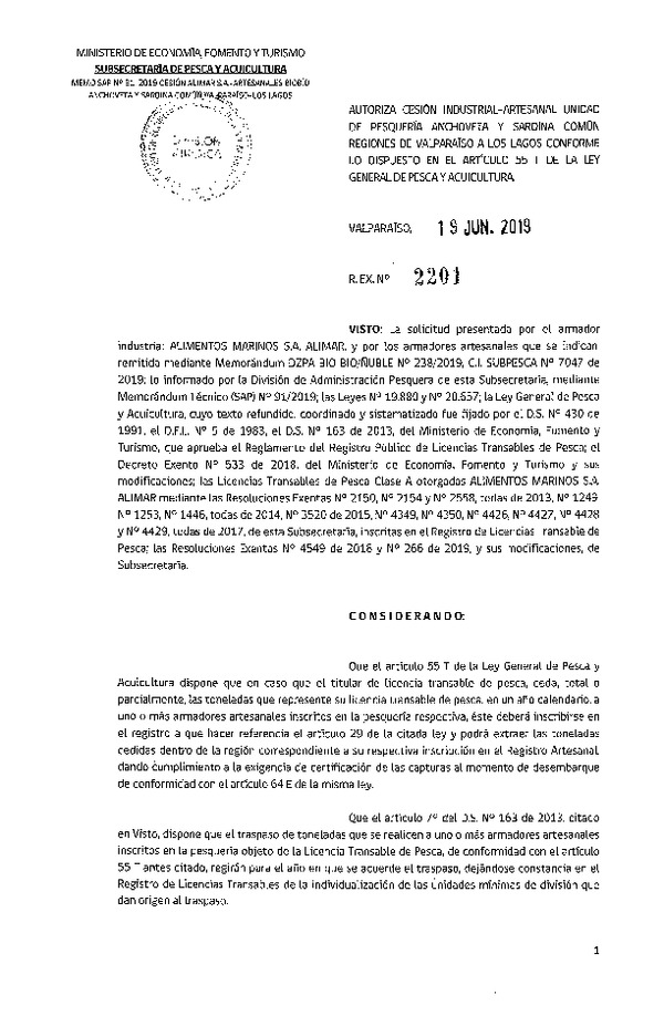Res. Ex. N° 2201-2019 Autoriza cesión pesquería Anchoveta y Sardina común, Regiones de Valparaíso a Los Lagos.