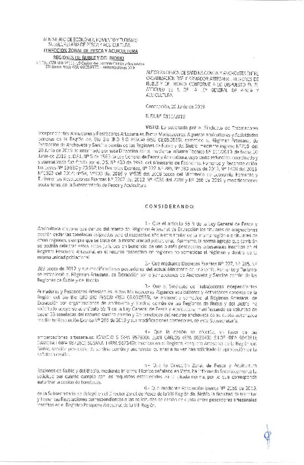 Res. Ex. N° 111-2019 (DZP VIII) Autoriza cesión Merluza común Regiones de Ñuble y del Biobío.