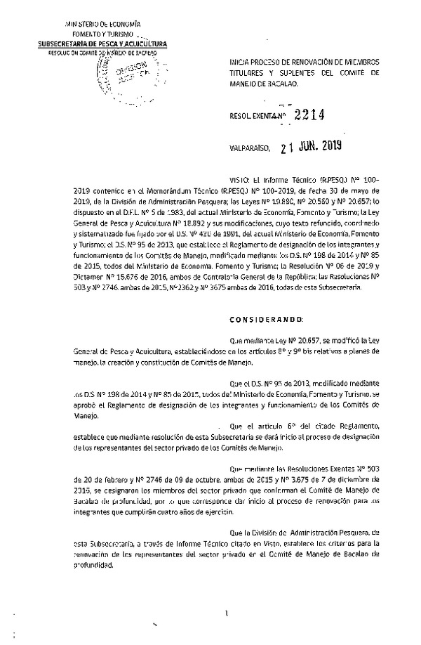 Res. Ex. N° 2214-2019 Inicia Proceso de Renovación de Miembros Titulares y Suplentes de Comité de Manejo Bacalao Región de Aríca y Parinacota a Región de Magallanes. (Con Informe Técnico)(Publicada en Página Web 25-06-2019)(F.D.O. 02-07-2019)