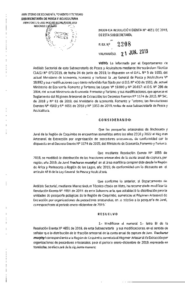 Res. Ex. N° 2208-2019 Modifica Res. Ex. N° 4651-2018 Distribución de la fracción artesanal de pesquería de Anchoveta y Jurel, Región de Coquimbo, año 2019. (Publicado en Página Web 25-06-2019) (F.D.O. 02-07-2019)