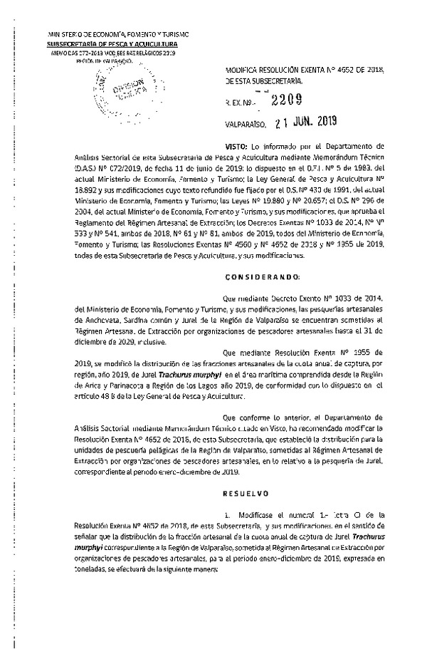 Res. Ex. N° 2209-2019 Modifica Res. Ex. N° 4652-2018 Distribución de la fracción artesanal de pesquería de Anchoveta, sardina común y Jurel, Región de Valparaíso, año 2019. (Publicado en Página Web 25-06-2019)(F.D.O. 02-07-2019)