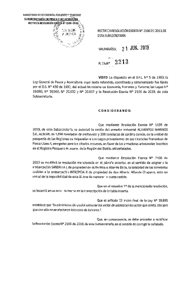 Res. Ex. N° 2213-2019 Rectifica Res. Ex. N° 2106-2019 que Modificó Res. Ex. N° 1198-2019 Autoriza cesión pesquería Anchoveta y Sardina común, Regiones de Valparaíso a Los Lagos.