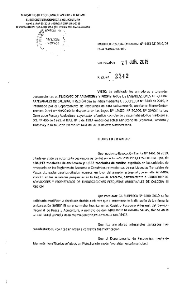 Res. Ex. N° 2242-2019 Modifica Res. Ex. N° 1461-2019 Autoriza cesión pesquería Anchoveta y Sardina española, Regiones de Atacama a Coquimbo.