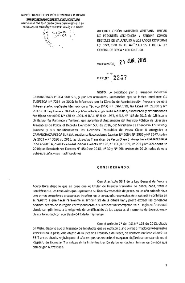 Res. Ex. N° 2257-2019 Autoriza cesión pesquería Anchoveta y Sardina común, Regiones de Valparaíso a Los Lagos.